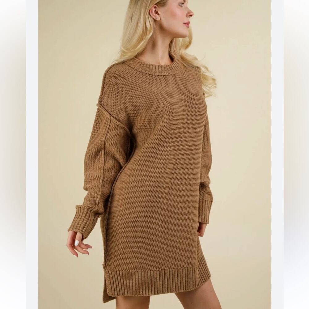 New In Chunky Sweater Dress Inside Out Stitch Detail  - Mocha Large NWOT